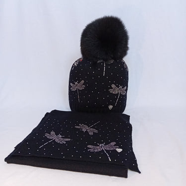 SET Pure wool hat and scarf with rhinestone dragonflies