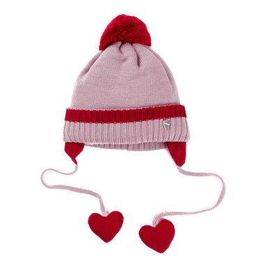 Hat with heart-shaped ear flaps and wool pompom