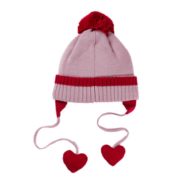 Hat with heart-shaped ear flaps and wool pompom